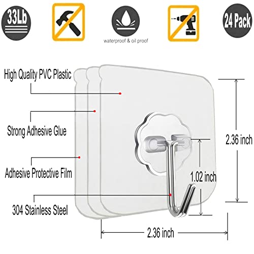 24 Pack Heavy Duty Self Adhesive Hooks for Bathroom and Shower - Waterproof, Sticky Wall Hooks - 33lb Max Capacity - Ho