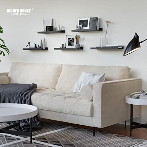 RICHER HOUSE Black Floating Wall Mounted Shelves for Nursery, Bedroom, Living Room - Modern Design with Lip for Storage,