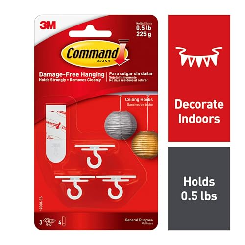 Command 17008-ES Ceiling Hooks in White, Adhesive Strips, Bathroom Organization