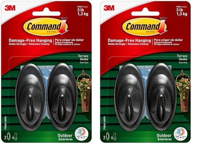 Black Command Outdoor Terrace Hooks, Water-Resistant, 2-Hooks, 4-Strips, 3 lb Capacity, Decorate Damage-Free (Pack of 2)