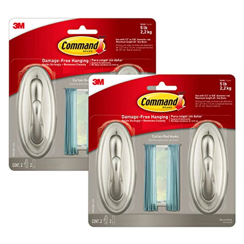Command Curtain Rod Hooks, Adhesive Hooks, Durable and Easy to Remove, Home Decor - 2 Hooks, 2 Strips, 1 Pack per Inner