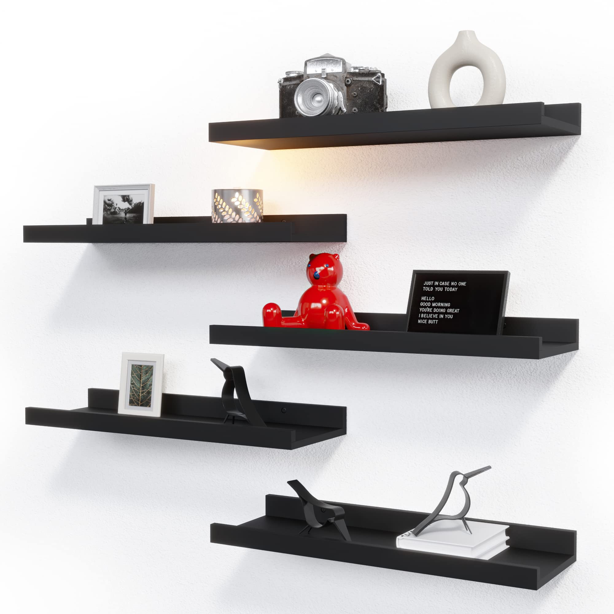 RICHER HOUSE Black Floating Wall Mounted Shelves for Nursery, Bedroom, Living Room - Modern Design with Lip for Storage,