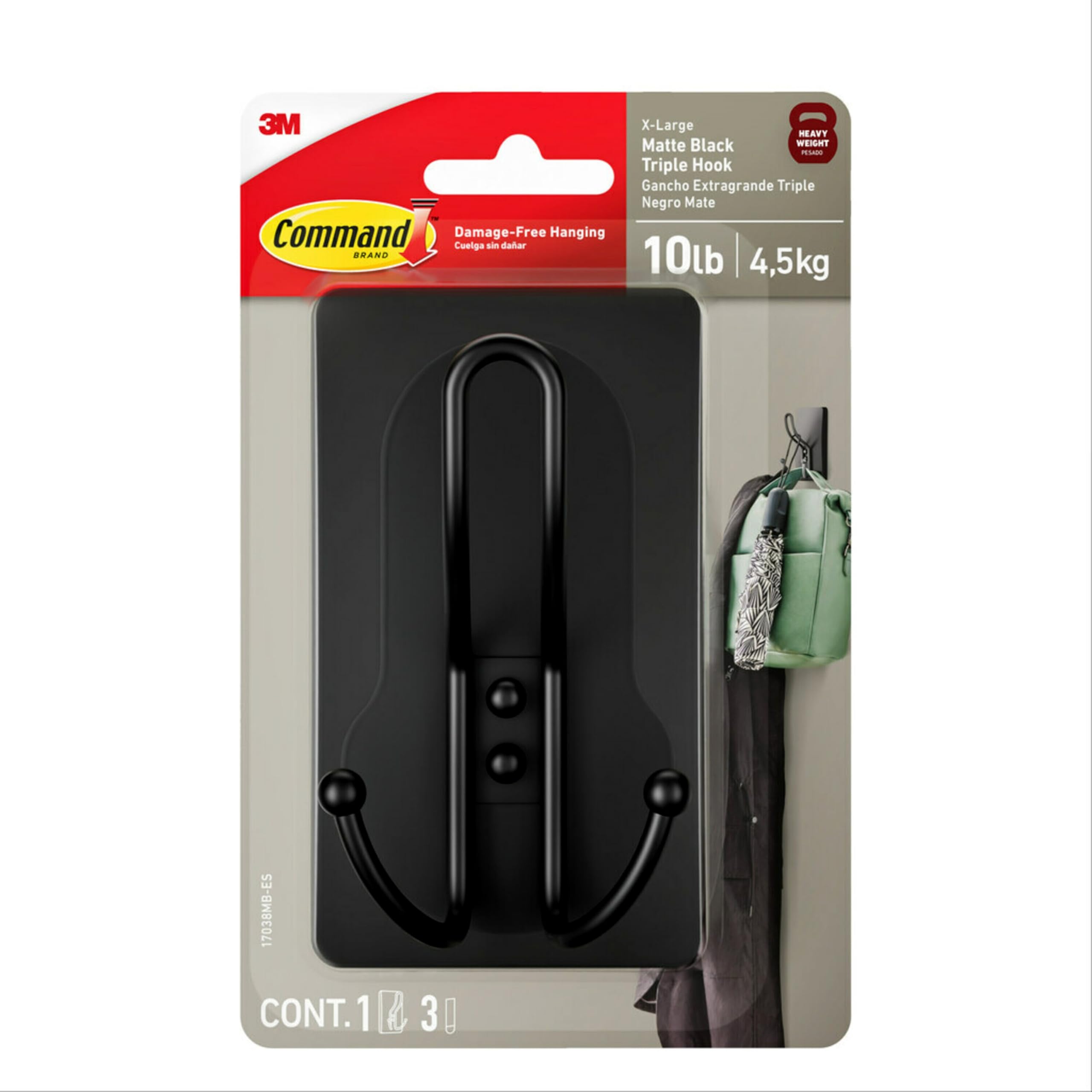 Command X-Large Matte Black Triple Hook, Damage Free Hanging Wall Hooks for Living Spaces, No Tools Required, 1 Hook 3 S