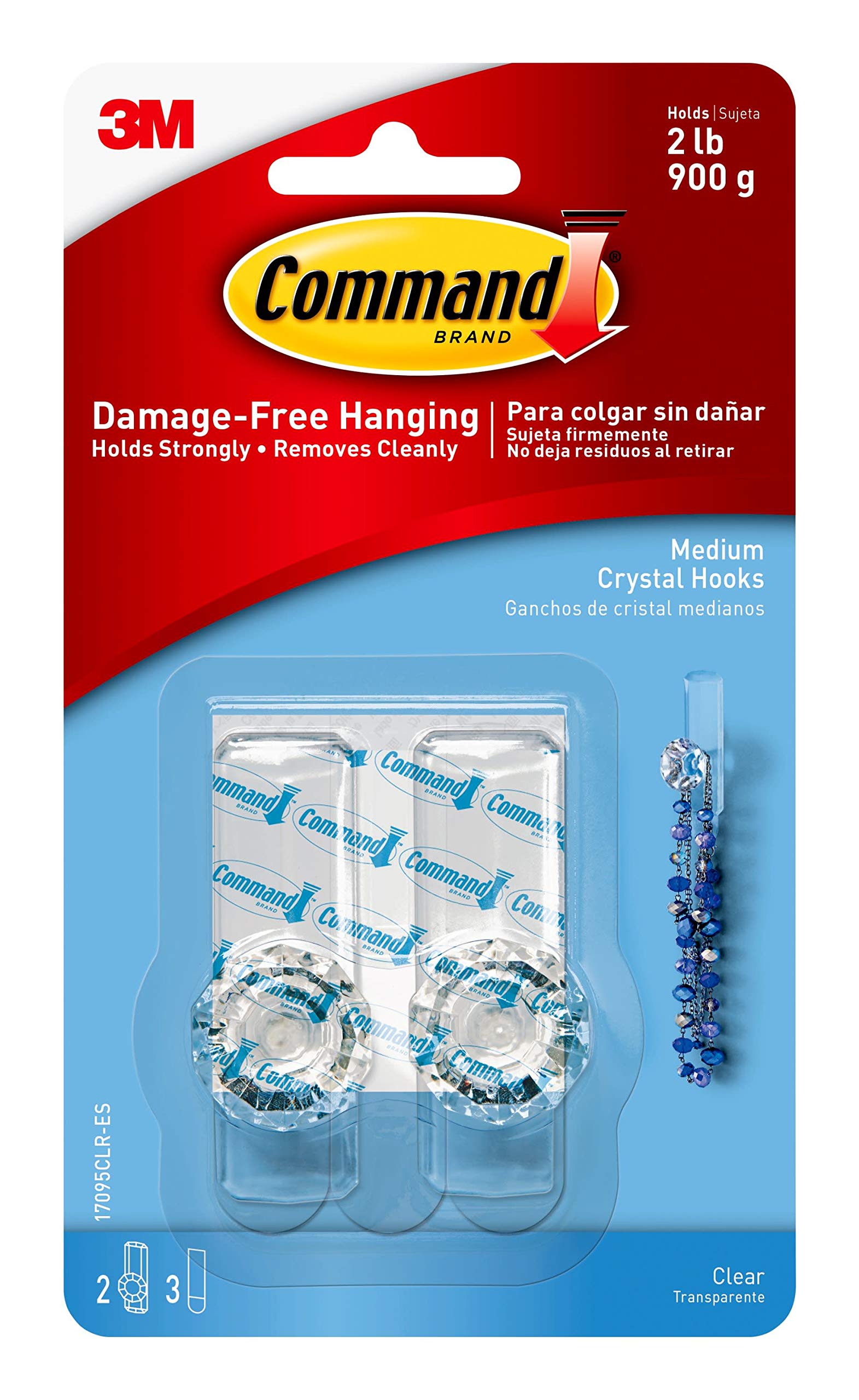 Command Medium Crystal Hook, Strong Holding Power up to 2 lb, Wall and Door Hooks with 3 Command Strips, Damage Free for